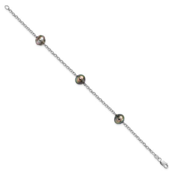 Sterling Silver Rhodium-plated 8-9mm Black Baroque Tahitian Saltwater Cultured Pearl 3-Station 7.5 inch Bracelet