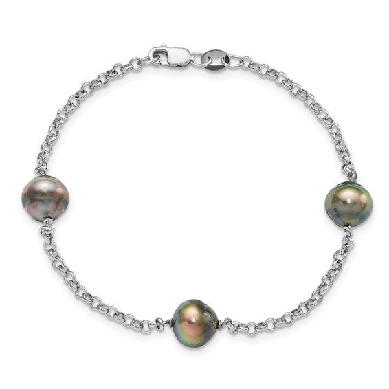 Sterling Silver Rhodium-plated 8-9mm Black Baroque Tahitian Saltwater Cultured Pearl 3-Station 7.5 inch Bracelet