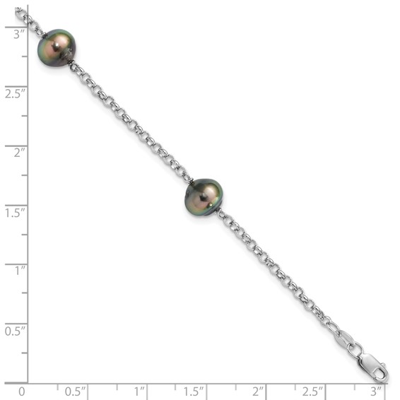 Sterling Silver Rhodium-plated 8-9mm Black Baroque Tahitian Saltwater Cultured Pearl 3-Station 7.5 inch Bracelet