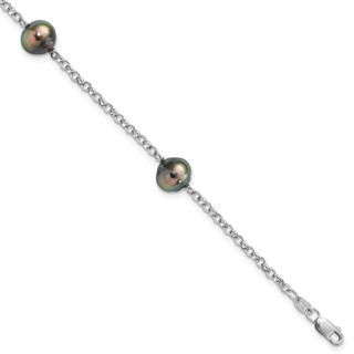 Sterling Silver Rhodium-plated 8-9mm Black Baroque Tahitian Saltwater Cultured Pearl 3-Station 7.5 inch Bracelet