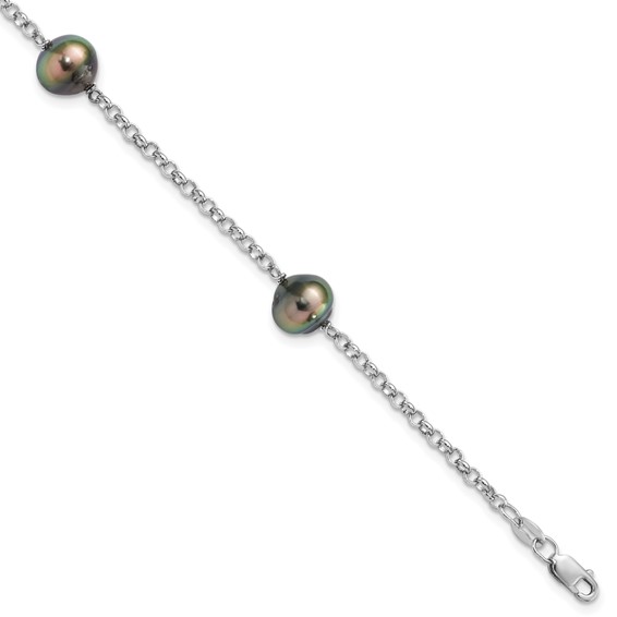 Sterling Silver Rhodium-plated 8-9mm Black Baroque Tahitian Saltwater Cultured Pearl 3-Station 7.5 inch Bracelet