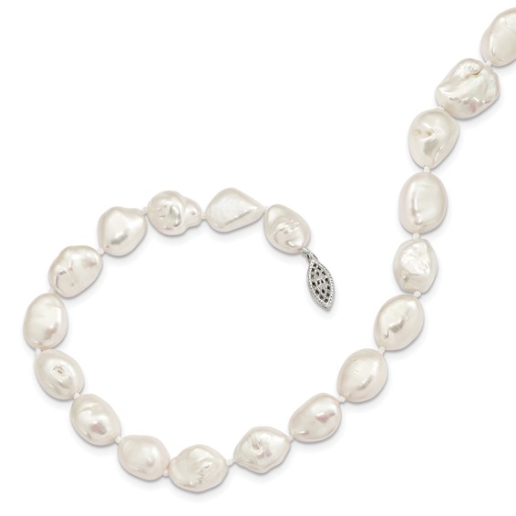 Sterling Silver Rhodium-plated 11x14mm White Keshi Freshwater Cultured Pearl 18 inch Necklace