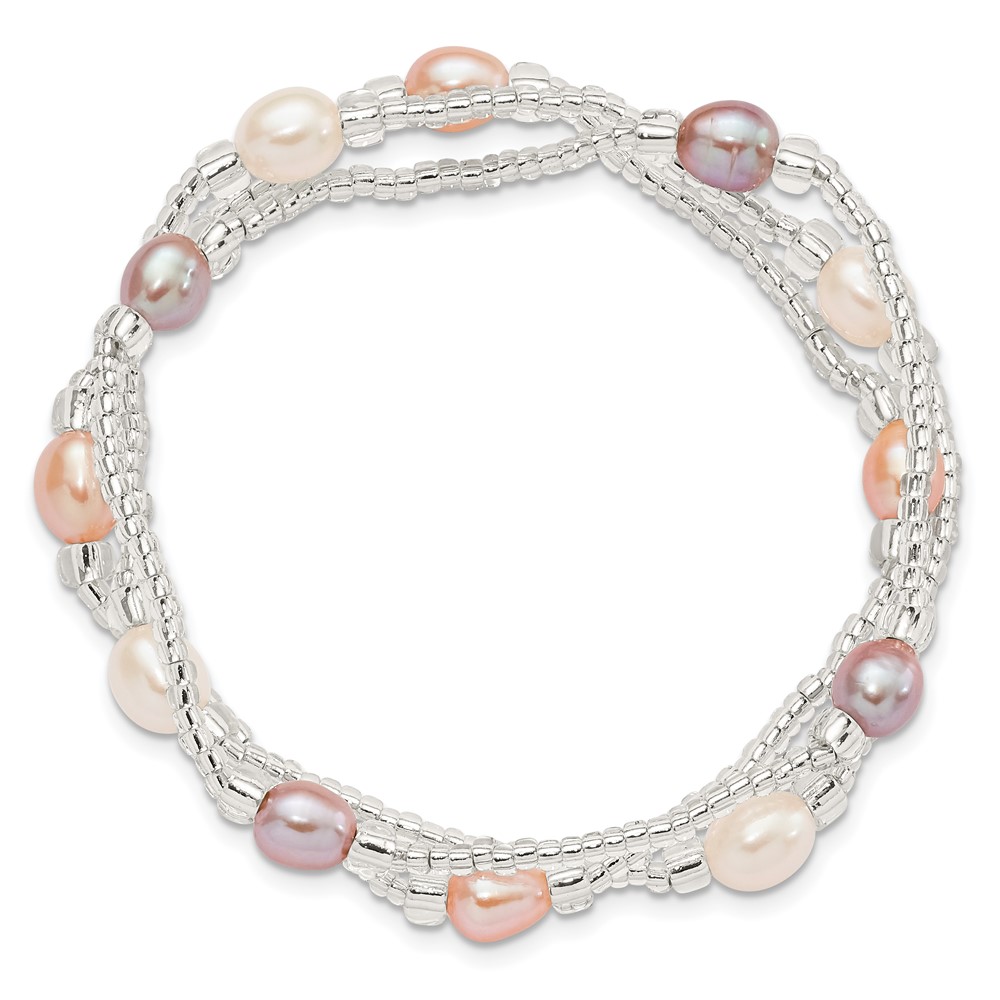 6-8mm White, Pink and Purple Rice Freshwater Cultured Pearl and Glass Bead Stretch 3-Bracelet Set (QH5629)