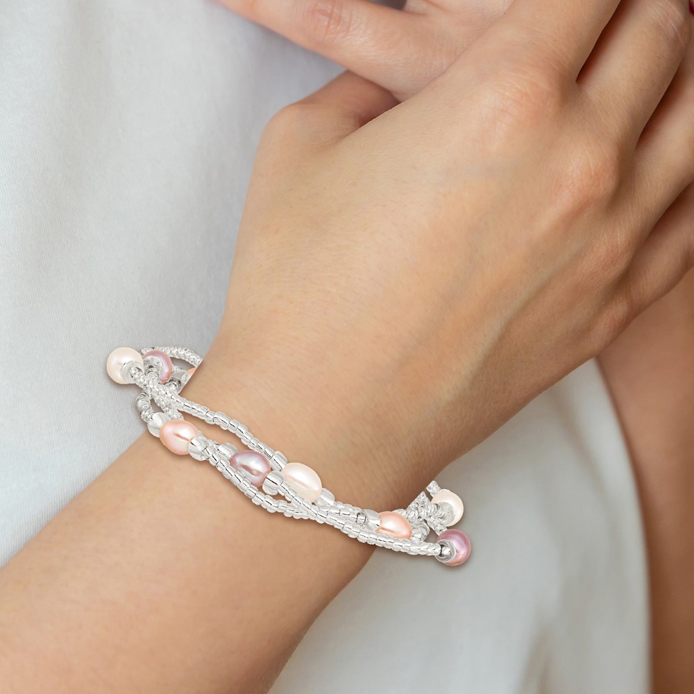 6-8mm White, Pink and Purple Rice Freshwater Cultured Pearl and Glass Bead Stretch 3-Bracelet Set (QH5629)