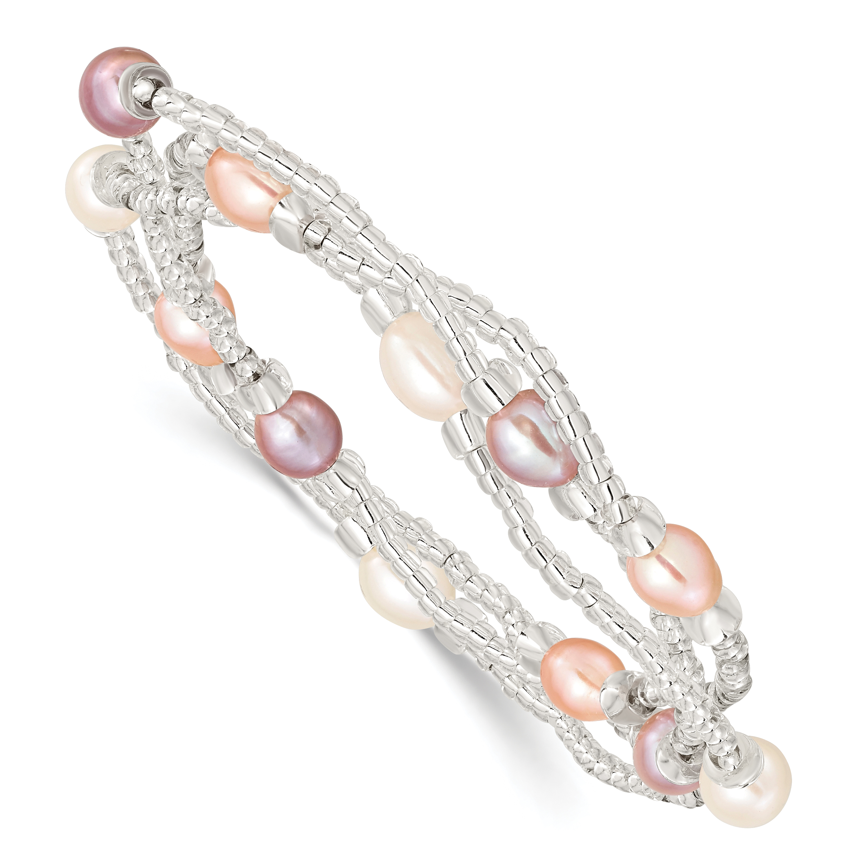 6-8mm White, Pink and Purple Rice Freshwater Cultured Pearl and Glass Bead Stretch 3-Bracelet Set (QH5629)