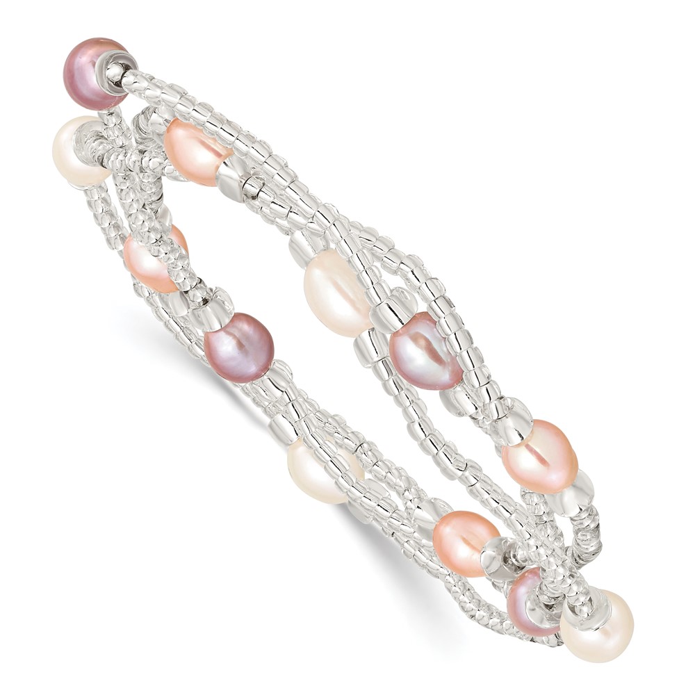 6-8mm White, Pink and Purple Rice Freshwater Cultured Pearl and Glass Bead Stretch 3-Bracelet Set (QH5629)