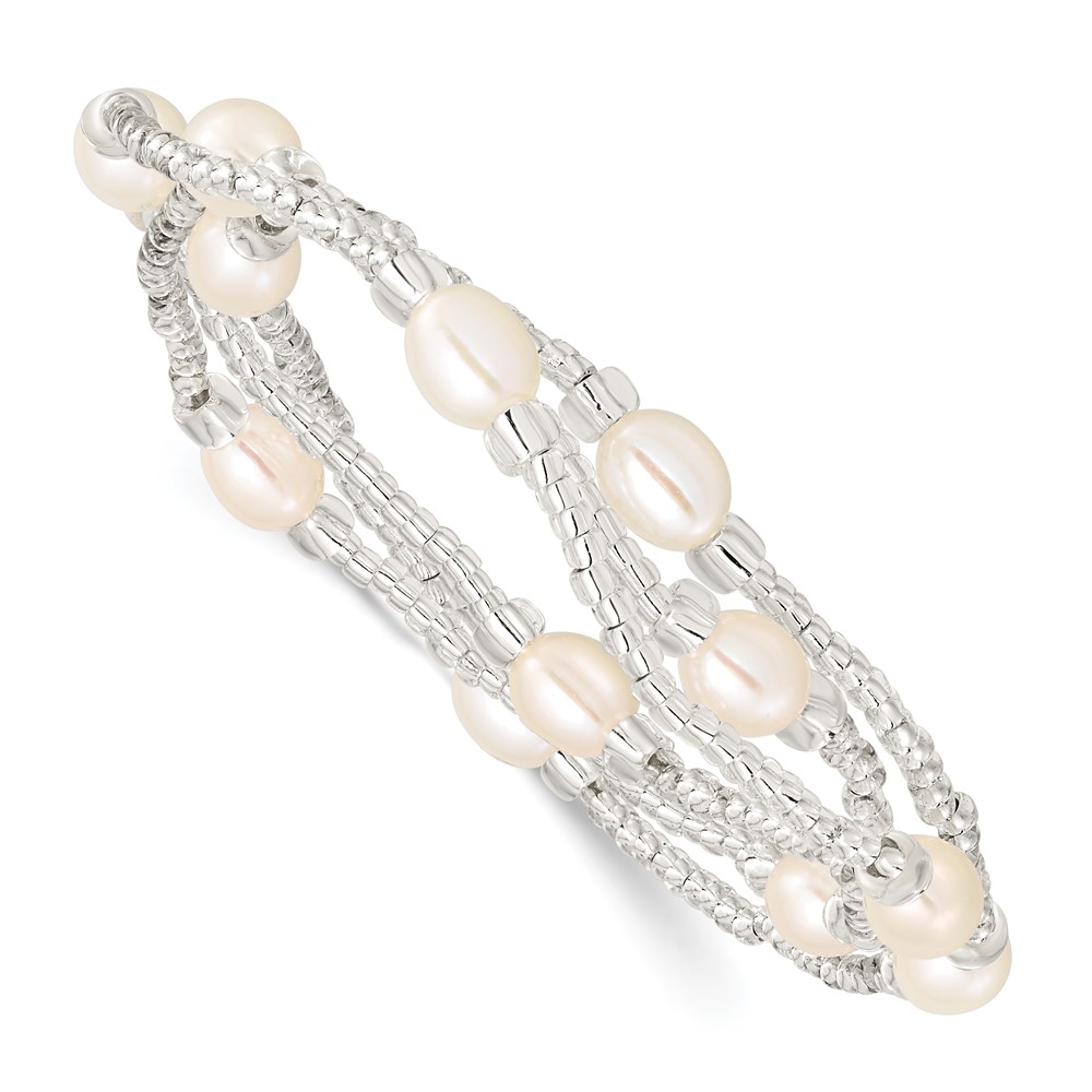 6-8mm White Rice Freshwater Cultured Pearl and Glass Bead Stretch 3-Bracelet Set (QH5630)