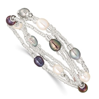 "6-8mm White, Black and Grey Rice Freshwater Cultured Pearl and Glass Bead Stretch 3-Bracelet Set"