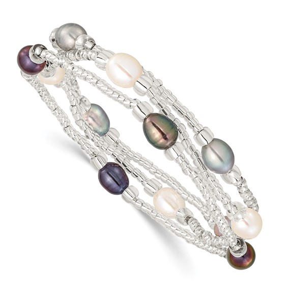 "6-8mm White, Black and Grey Rice Freshwater Cultured Pearl and Glass Bead Stretch 3-Bracelet Set"