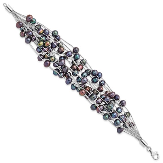 Sterling Silver Rhodium-plated 6-7mm Black Semi-Round Freshwater Cultured Pearl Multi Strand 7.5 inch Bracelet