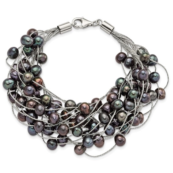 Sterling Silver Rhodium-plated 6-7mm Black Semi-Round Freshwater Cultured Pearl Multi Strand 7.5 inch Bracelet