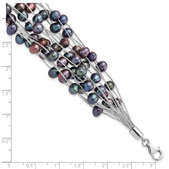 Sterling Silver Rhodium-plated 6-7mm Black Semi-Round Freshwater Cultured Pearl Multi Strand 7.5 inch Bracelet
