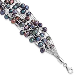 Sterling Silver Rhodium-plated 6-7mm Black Semi-Round Freshwater Cultured Pearl Multi Strand 7.5 inch Bracelet