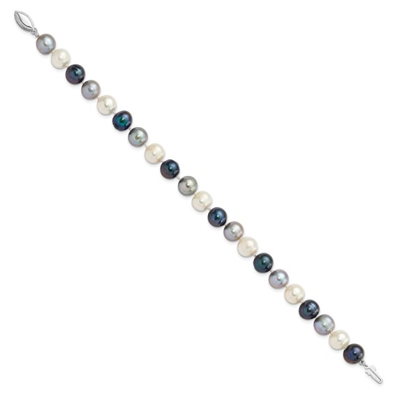 "Sterling Silver Rhodium-plated 8-9mm Black, Green and White Semi-Round Freshwater Cultured Pearl 7.5 inch Bracelet"