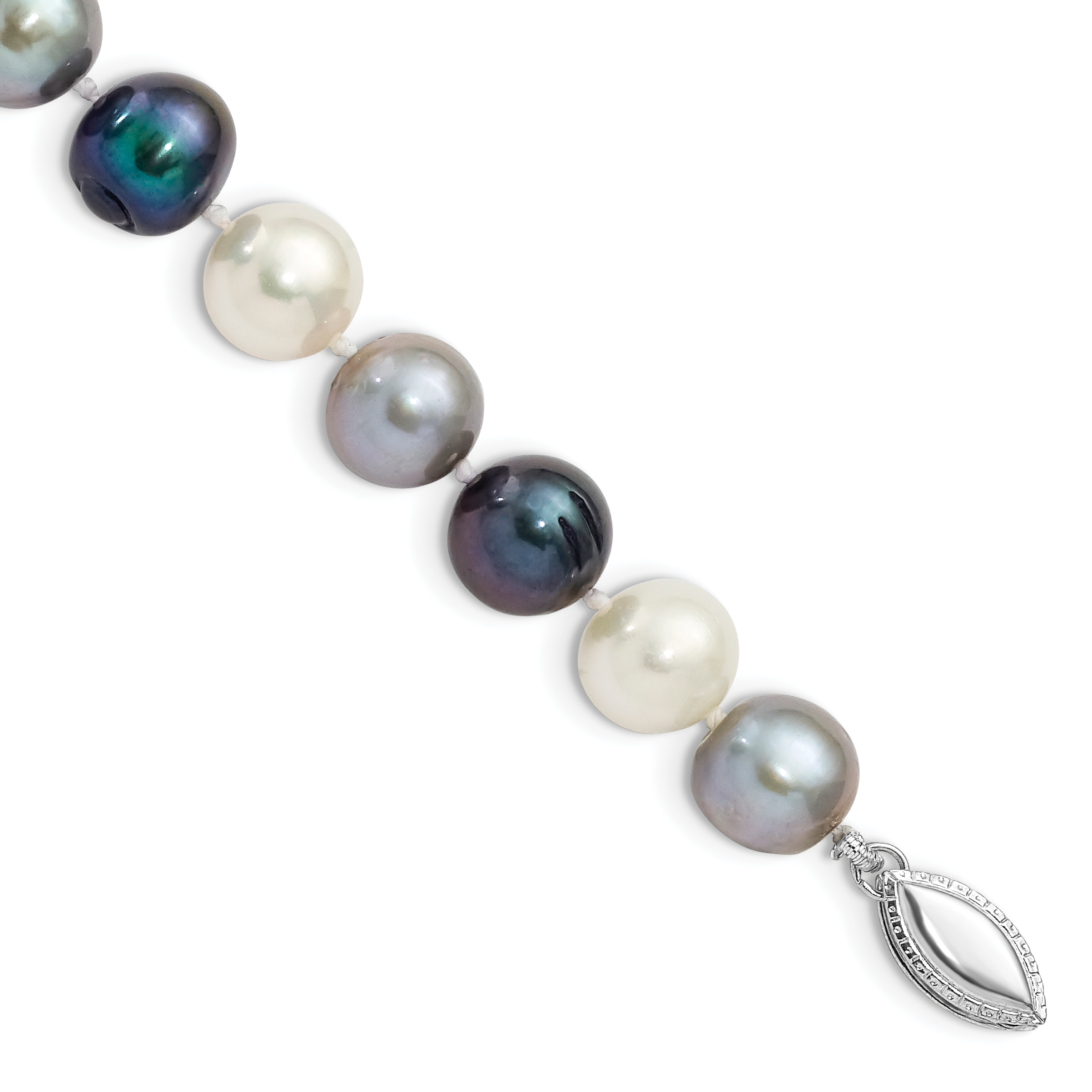 Sterling Silver Rhodium-plated 8-9mm Black, Green and White Semi-Round Freshwater Cultured Pearl 7.5 inch Bracelet (QH5633-7.5)