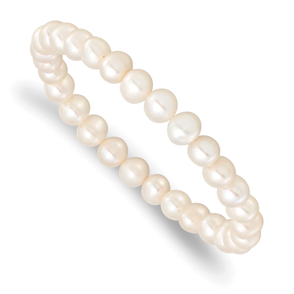 Sterling Silver Rhodium-plated 7-8mm White Near-Round Freshwater Cultured Pearl 18 inch Necklace, Stretch Bracelet and Button Post Earrings Set (QH5636SET)