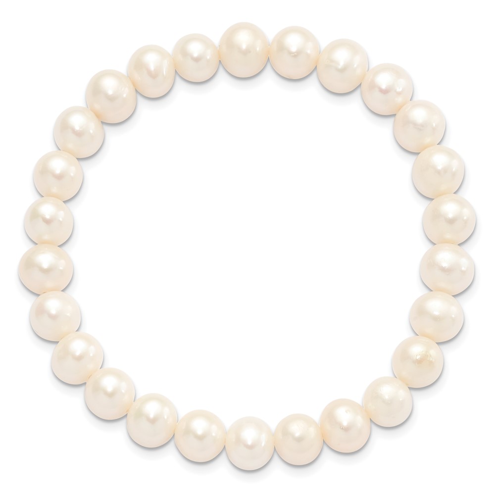 Sterling Silver Rhodium-plated 7-8mm White Near-Round Freshwater Cultured Pearl 18 inch Necklace, Stretch Bracelet and Button Post Earrings Set (QH5636SET)