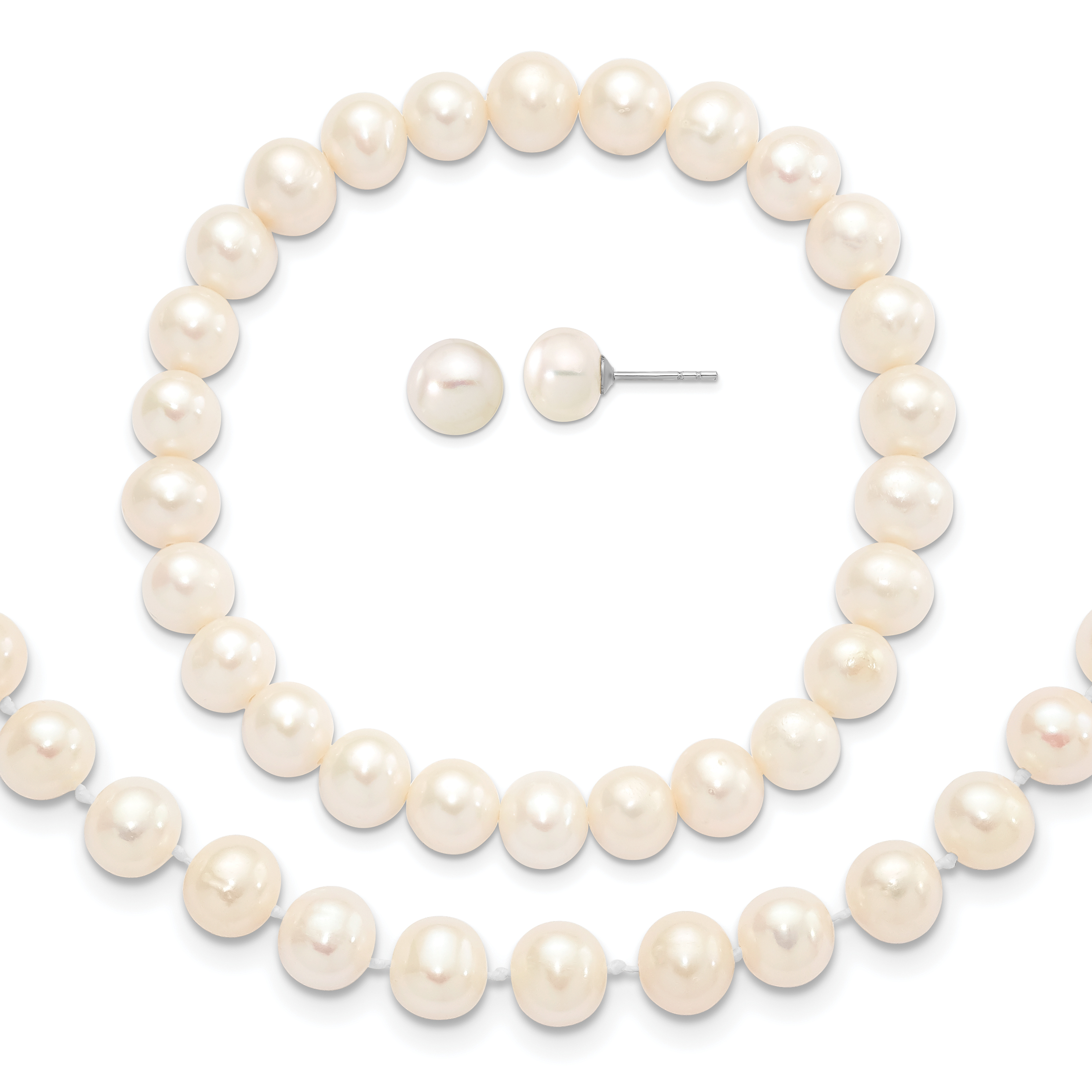 Sterling Silver Rhodium-plated 7-8mm White Near-Round Freshwater Cultured Pearl 18 inch Necklace, Stretch Bracelet and Button Post Earrings Set (QH5636SET)