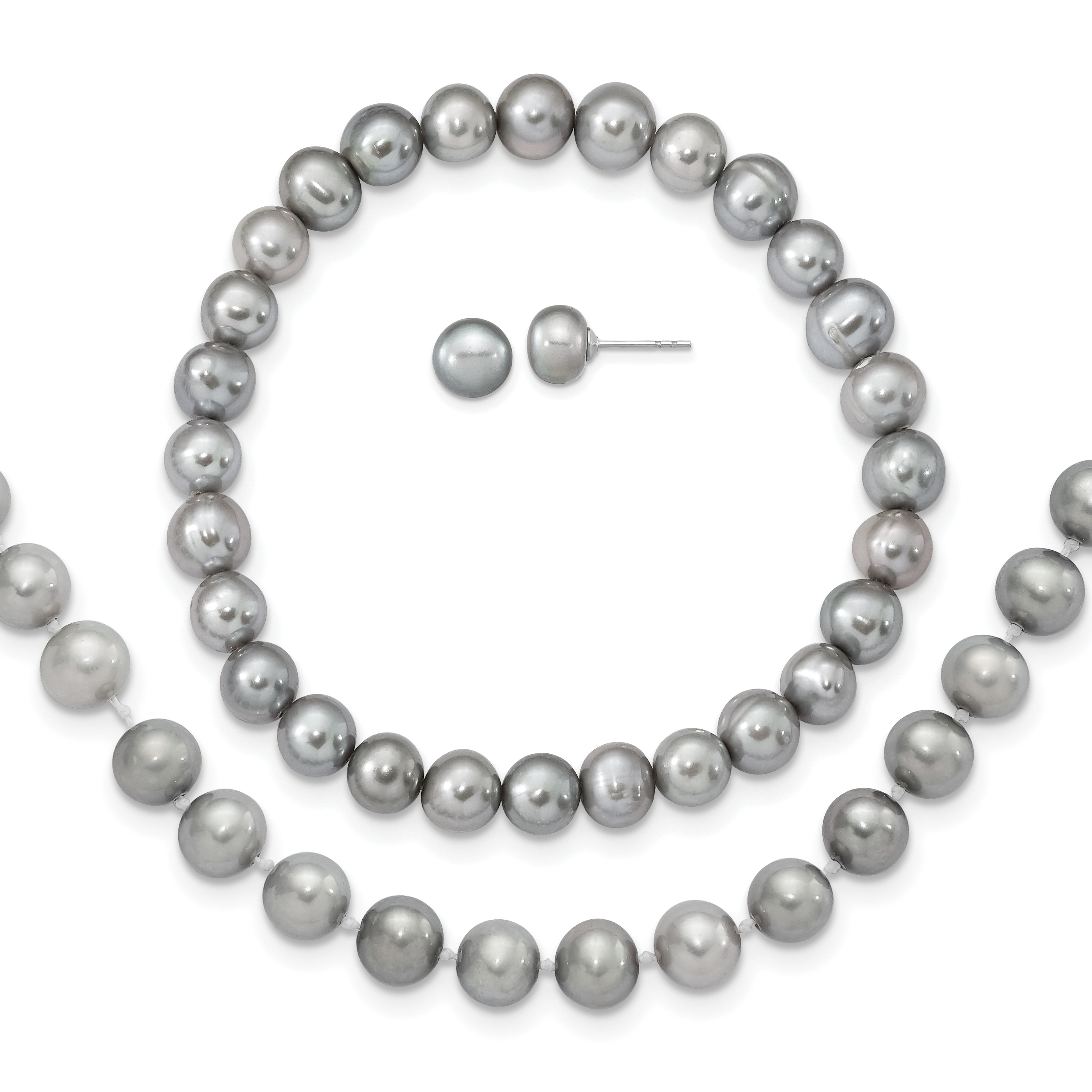 Sterling Silver Rhodium-plated 7-8mm Grey Near-Round Freshwater Cultured Pearl 18 inch Necklace, Stretch Bracelet and Button Post Earrings Set (QH5637SET)