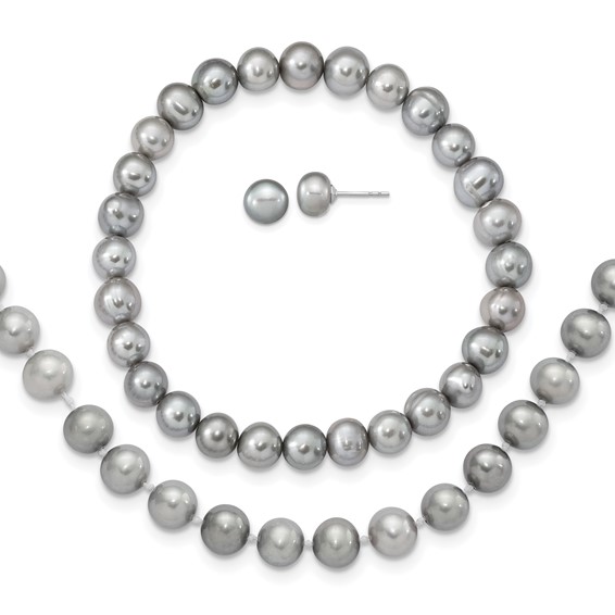 Sterling Silver Rhodium Plated 7-8mm FWC Pearl Earring Bracelet Necklace Sets         