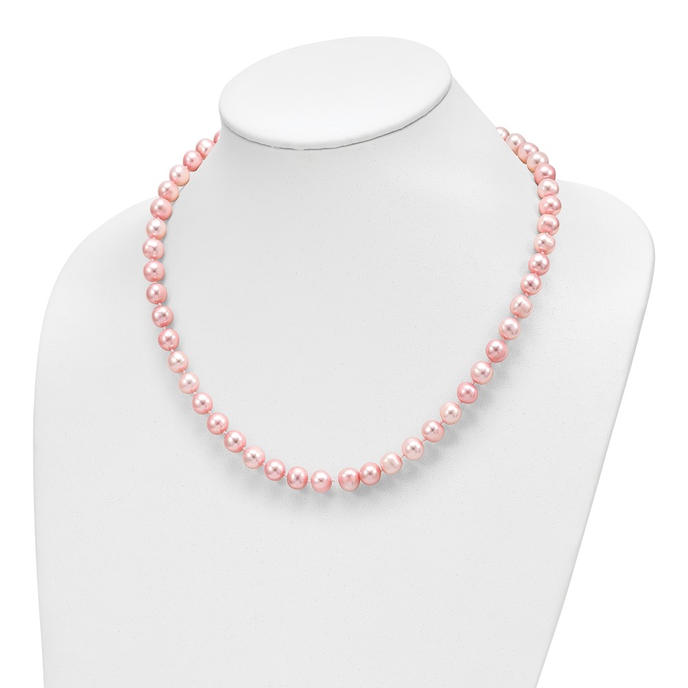 Sterling Silver Rhodium-plated 7-8mm Pink Near-Round Freshwater Cultured Pearl 18 inch Necklace, Stretch Bracelet and Button Post Earrings Set (QH5638SET)
