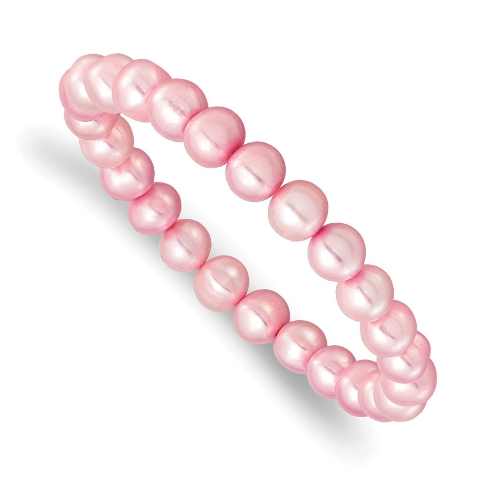 Sterling Silver Rhodium-plated 7-8mm Pink Near-Round Freshwater Cultured Pearl 18 inch Necklace, Stretch Bracelet and Button Post Earrings Set (QH5638SET)