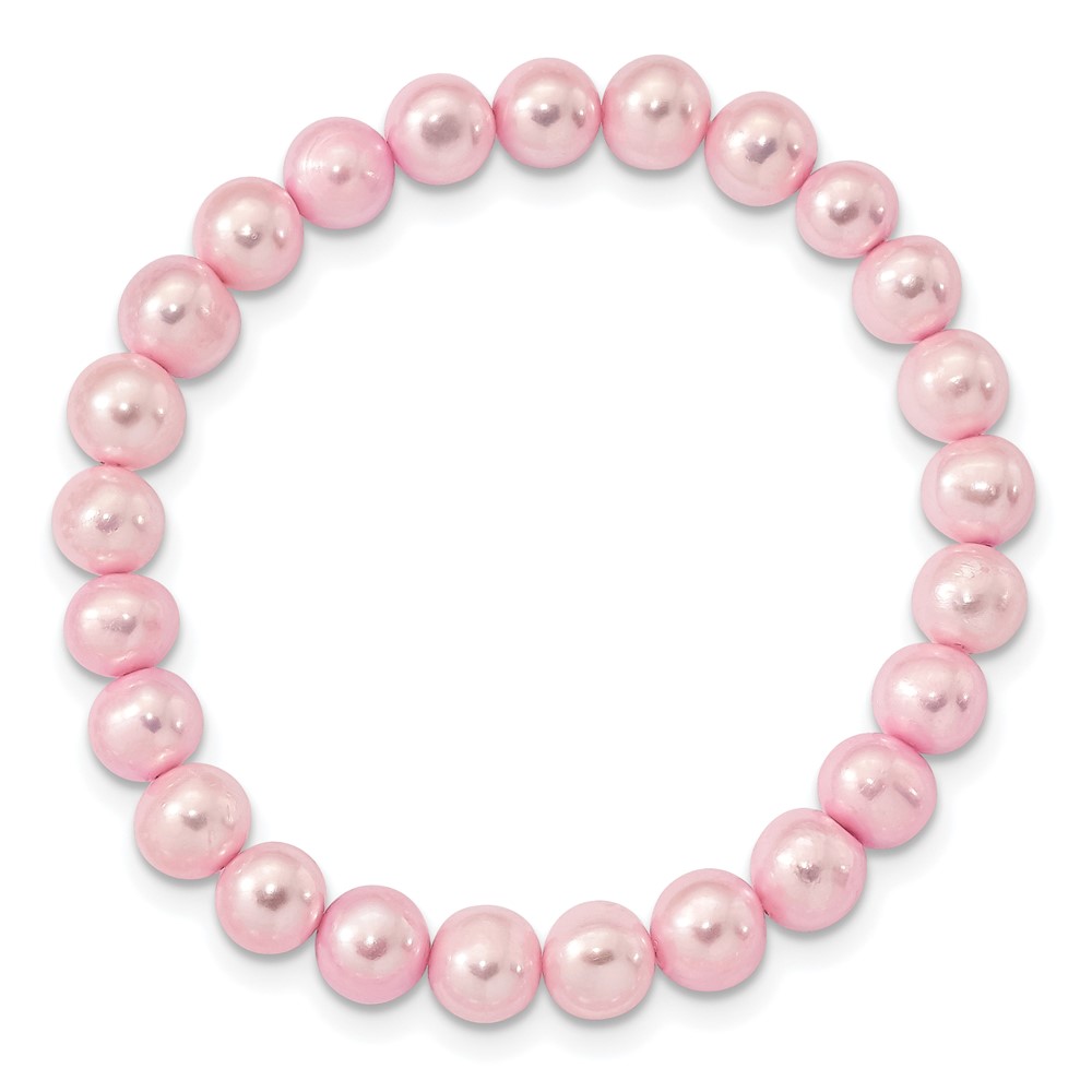 Sterling Silver Rhodium-plated 7-8mm Pink Near-Round Freshwater Cultured Pearl 18 inch Necklace, Stretch Bracelet and Button Post Earrings Set (QH5638SET)