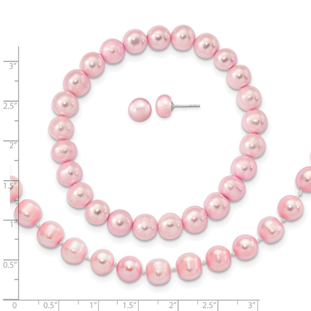 Sterling Silver Rhodium-plated 7-8mm Pink Near-Round Freshwater Cultured Pearl 18 inch Necklace, Stretch Bracelet and Button Post Earrings Set (QH5638SET)