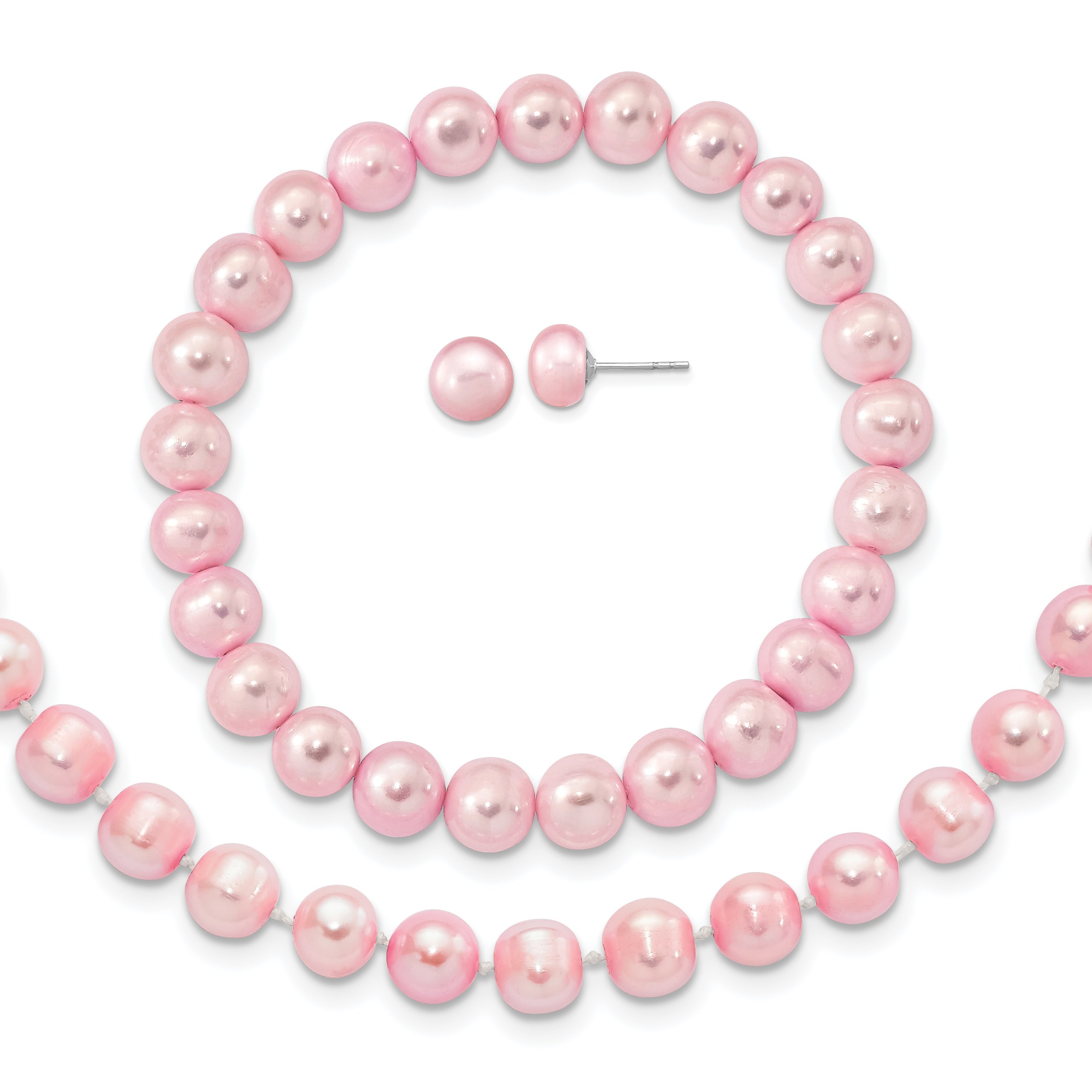 Sterling Silver Rhodium-plated 7-8mm Pink Near-Round Freshwater Cultured Pearl 18 inch Necklace, Stretch Bracelet and Button Post Earrings Set (QH5638SET)
