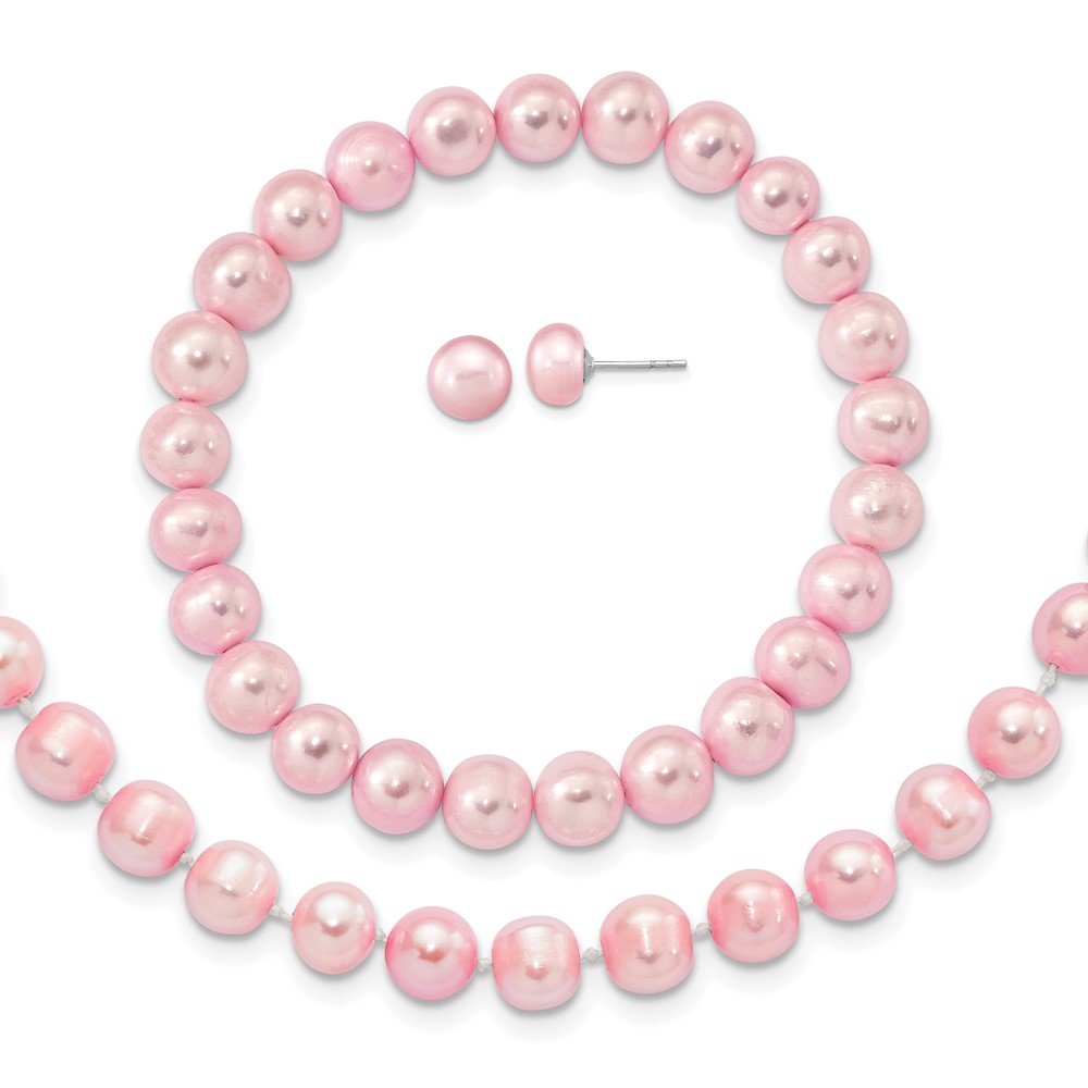 Sterling Silver Rhodium-plated 7-8mm Pink Near-Round Freshwater Cultured Pearl 18 inch Necklace, Stretch Bracelet and Button Post Earrings Set (QH5638SET)