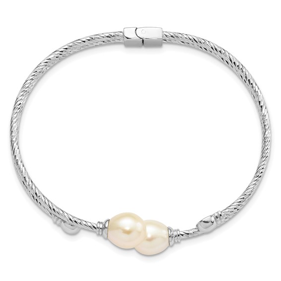 Sterling Silver Rhodium-plated White 8x10mm Teardrop Freshwater Cultured Pearl Hinged Bangle