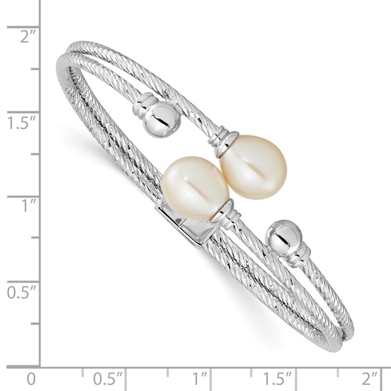Sterling Silver Rhodium-plated White 8x10mm Teardrop Freshwater Cultured Pearl Hinged Bangle