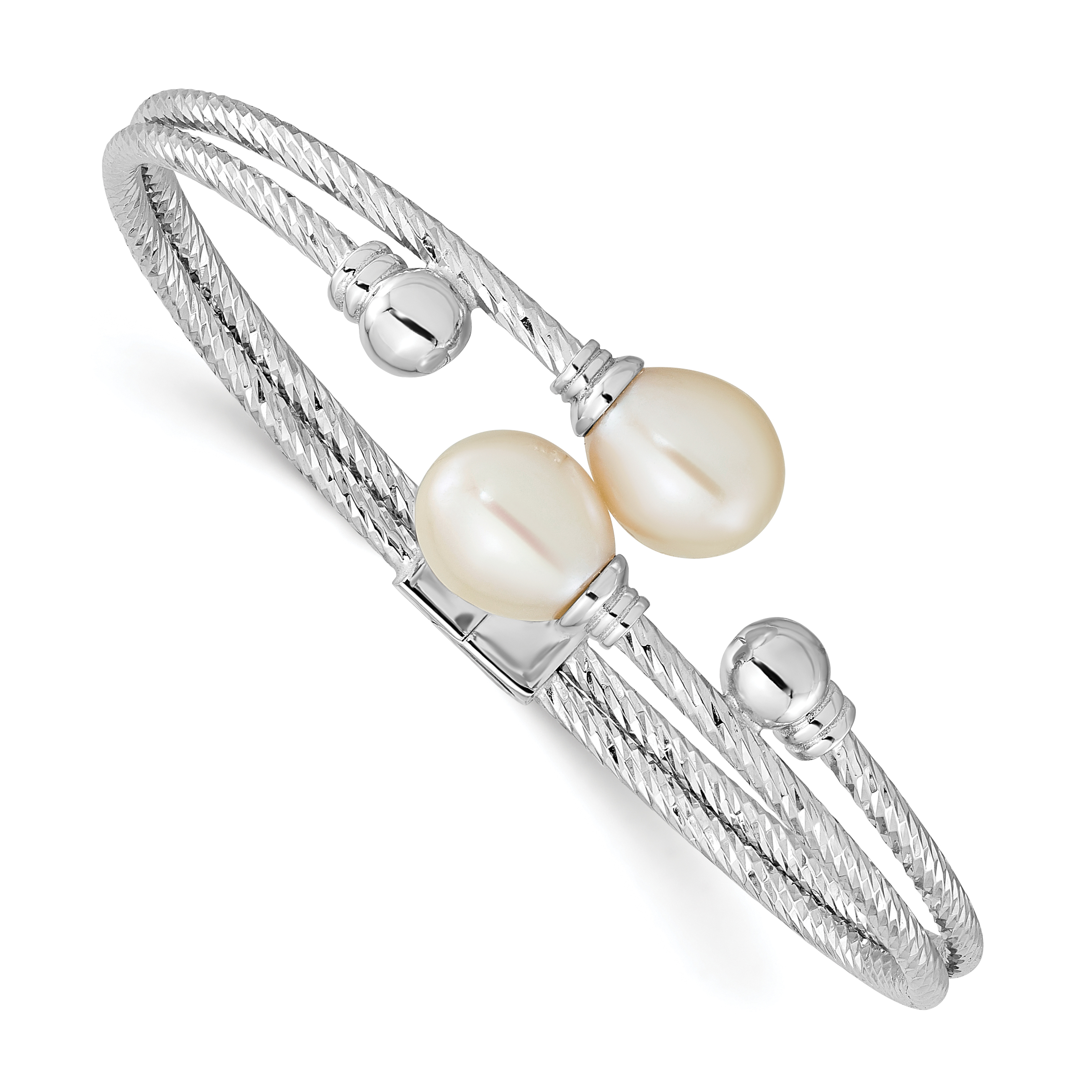 Sterling Silver Rhodium-plated White 8x10mm Teardrop Freshwater Cultured Pearl Hinged Bangle (QH5644)