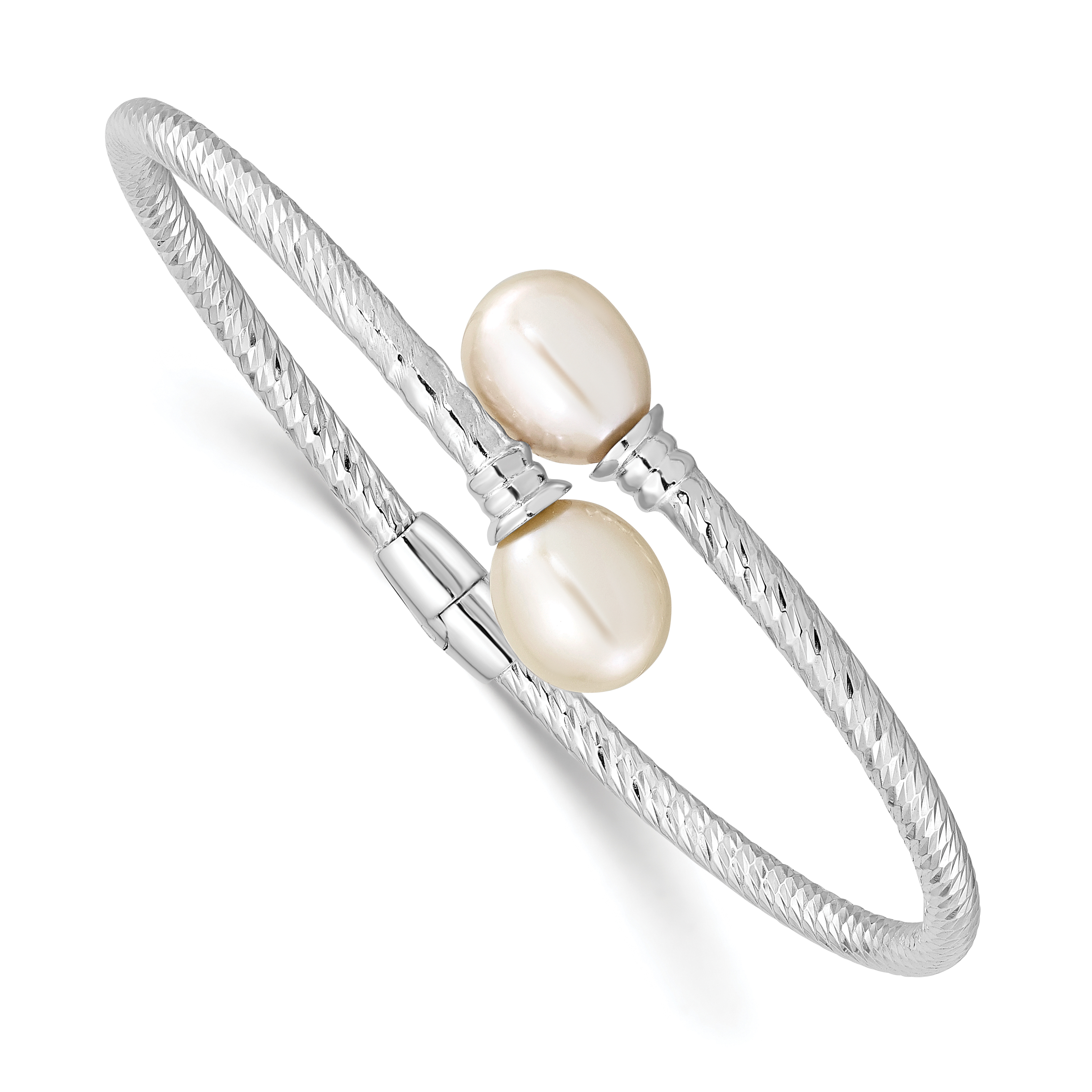 Sterling Silver Rhodium-plated 8-9mm White Rice Freshwater Cultured Pearl Hinged Bangle (QH5645)