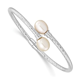 Sterling Silver Rhodium-plated 8-9mm White Rice Freshwater Cultured Pearl Hinged Bangle