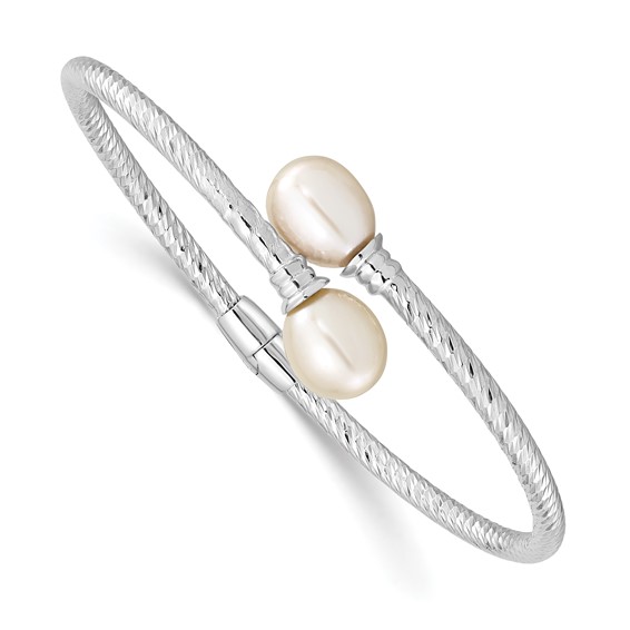 Sterling Silver Rhodium-plated 8-9mm White Rice Freshwater Cultured Pearl Hinged Bangle