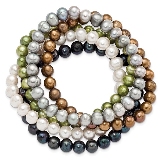 "6-7mm Green, Grey, White, Black and Brown Semi-Round Freshwater Cultured Pearl 5-piece Stretch Bracelet Set "
