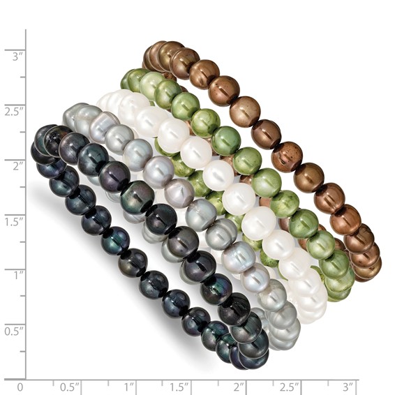 "6-7mm Green, Grey, White, Black and Brown Semi-Round Freshwater Cultured Pearl 5-piece Stretch Bracelet Set "