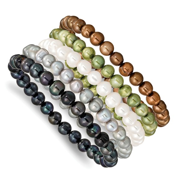 "6-7mm Green, Grey, White, Black and Brown Semi-Round Freshwater Cultured Pearl 5-piece Stretch Bracelet Set "