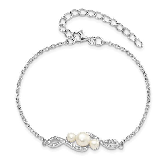 Sterling Silver Rhodium-plated 4-7mm White Button Freshwater Cultured Pearl and CZ 7 inch with 2 inch Extension Bracelet