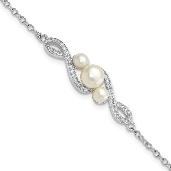 Sterling Silver Rhodium-plated 4-7mm White Button Freshwater Cultured Pearl and CZ 7 inch with 2 inch Extension Bracelet