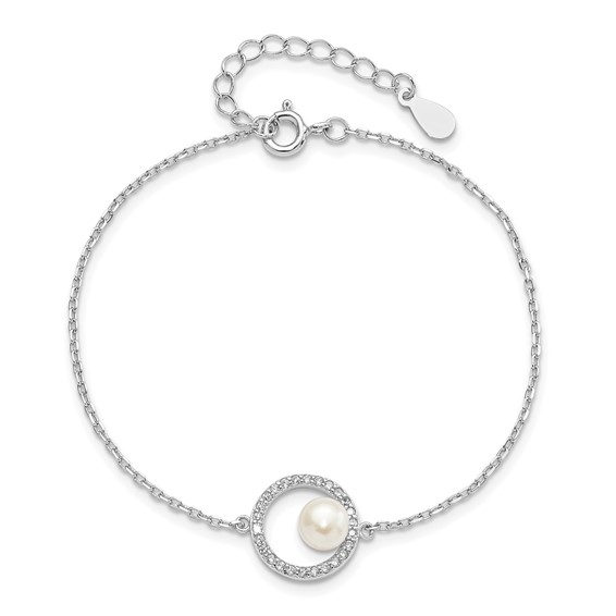 Sterling Silver Rhodium-plated 6-7mm White Button Freshwater Cultured Pearl and CZ 6.5 inch  with 1.25 inch Extension Bracelet