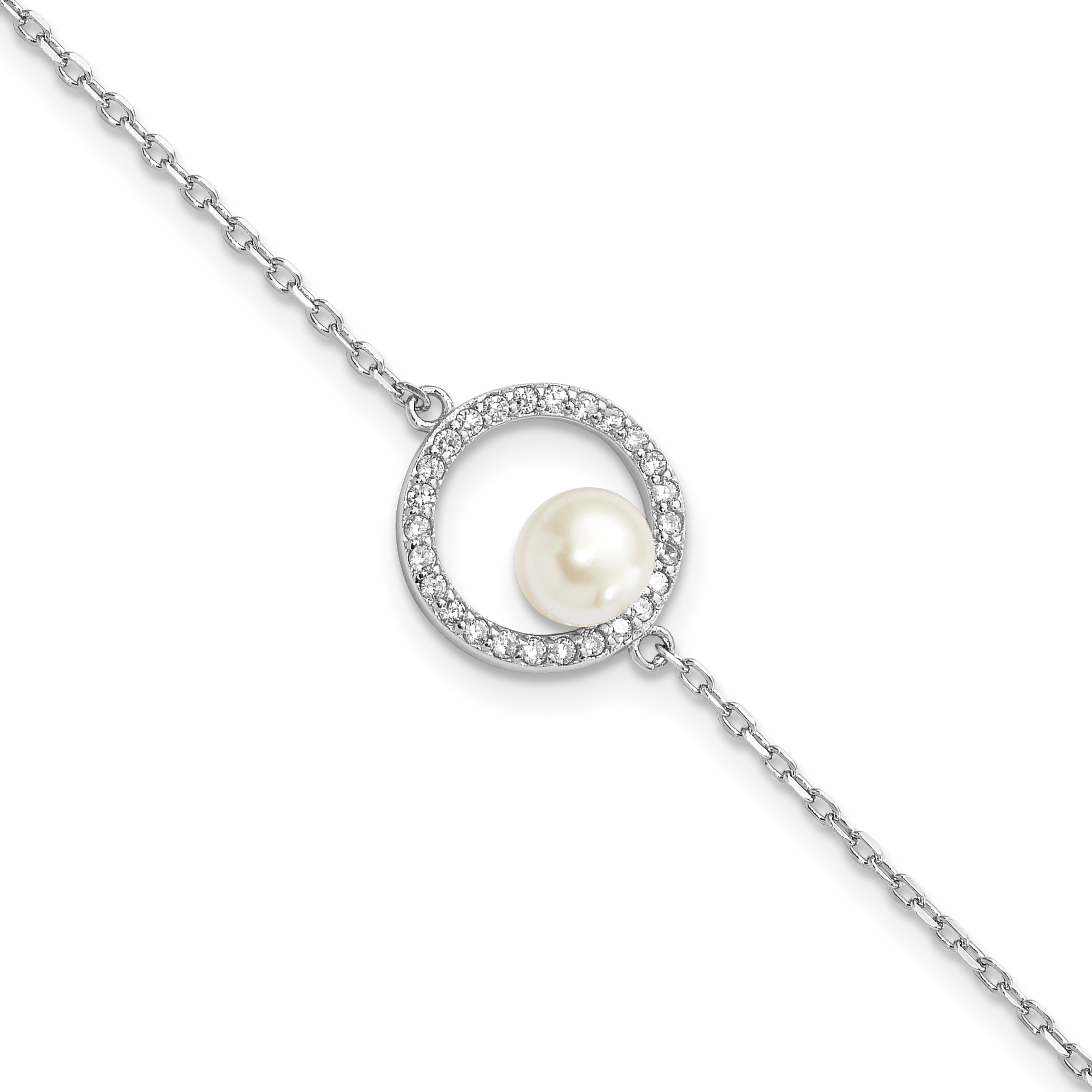 Sterling Silver Rhodium-plated 6-7mm White Button Freshwater Cultured Pearl and CZ 6.5 inch  with 1.25 inch Extension Bracelet (QH5652-6.5)