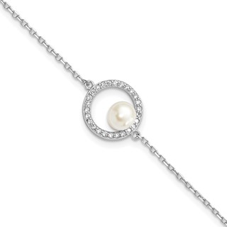Sterling Silver Rhodium-plated 6-7mm White Button Freshwater Cultured Pearl and CZ 6.5 inch  with 1.25 inch Extension Bracelet