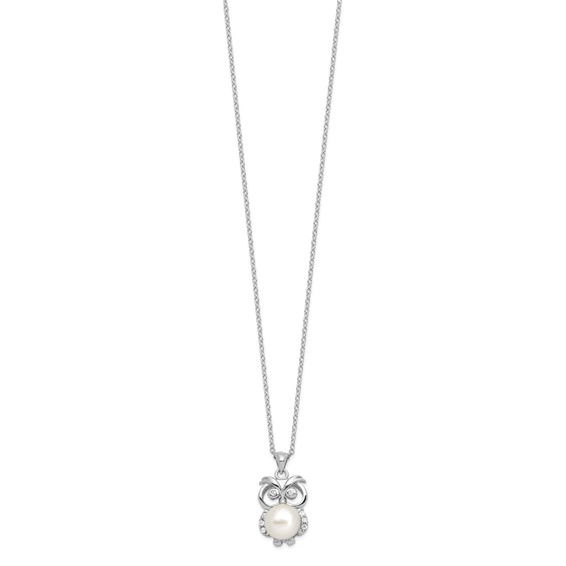 Sterling Silver Rhodium-plated 8-9mm White Button Freshwater Cultured Pearl and CZ Owl 17 inch Necklace