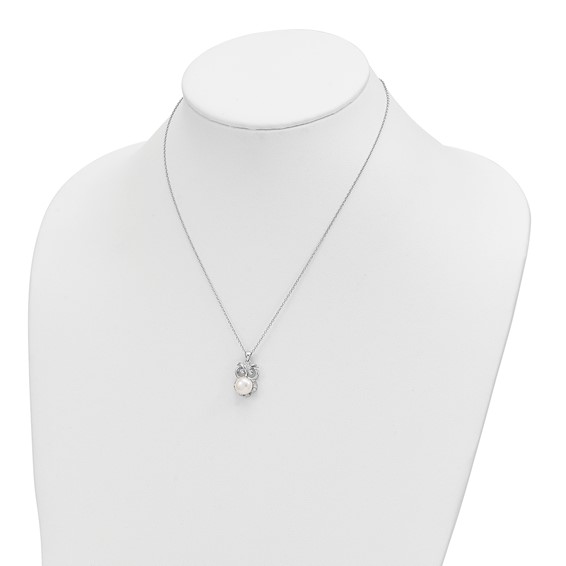 Sterling Silver Rhodium-plated 8-9mm White Button Freshwater Cultured Pearl and CZ Owl 17 inch Necklace