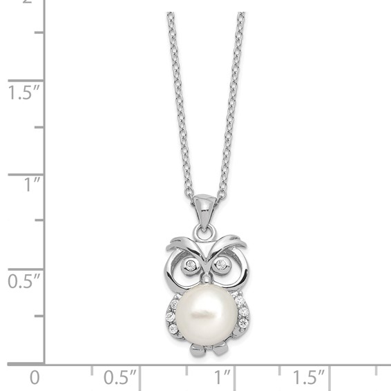 Sterling Silver Rhodium-plated 8-9mm White Button Freshwater Cultured Pearl and CZ Owl 17 inch Necklace