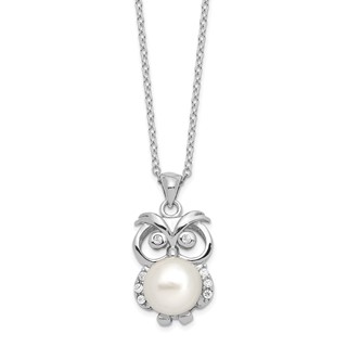 Sterling Silver Rhodium-plated 8-9mm White Button Freshwater Cultured Pearl and CZ Owl 17 inch Necklace