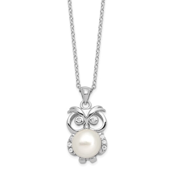 Sterling Silver Rhodium-plated 8-9mm White Button Freshwater Cultured Pearl and CZ Owl 17 inch Necklace