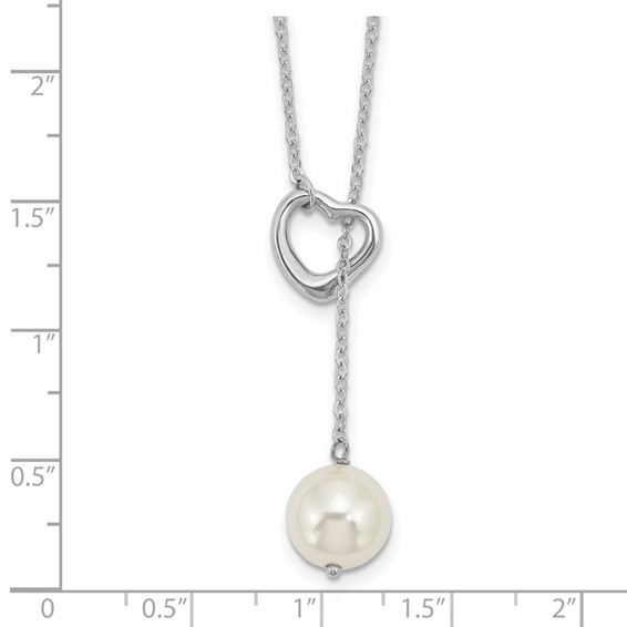 Sterling Silver Rhodium-plated 10-11mm White Round Imitation Shell Pearl Heart 18 inch Necklace